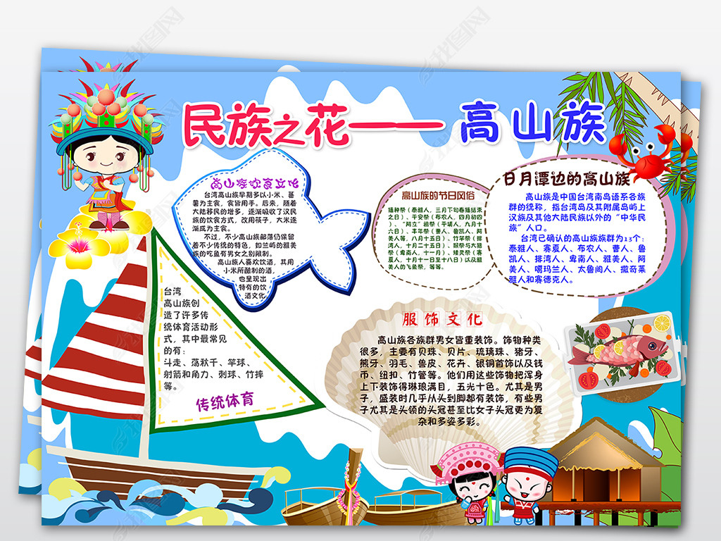 原创台湾高山族56个少数民族团结卡通手抄报小报边框版权可商用