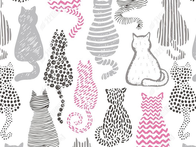 手绘卡通小猫图案抽象几何轮廓素材图片下载a