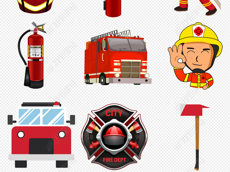 卡通消防员少儿安全消防展板插画PNG图片下