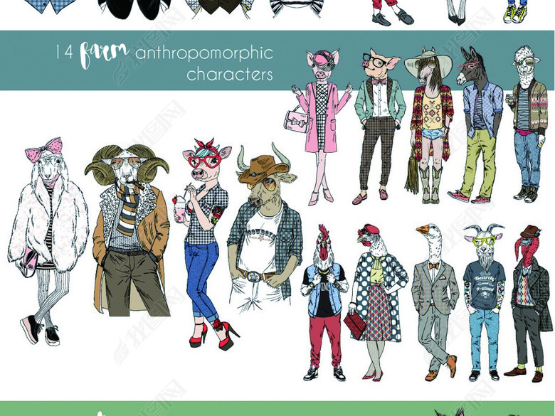 创意动物头像狗头猫头鹿头狐狸头人身矢量图图