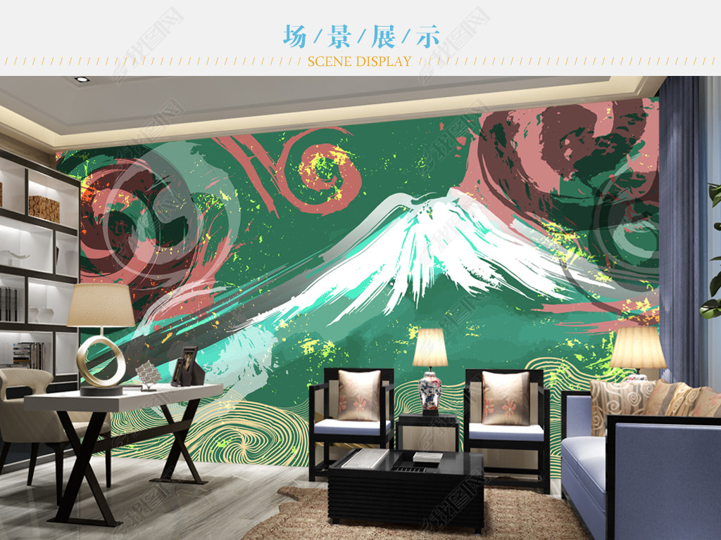原创新中式线条手绘富士山插画版权可商用