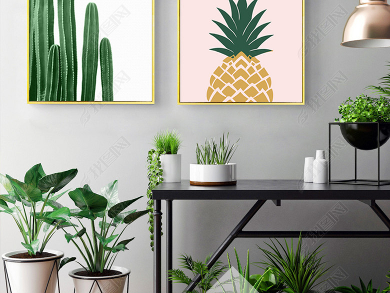 北欧简约无框画金色菠萝英文字母装饰画图片下