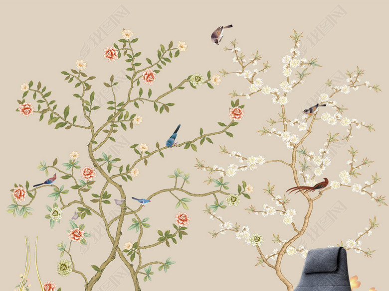 新中式手绘工笔花鸟背景墙装饰画图片下载ps