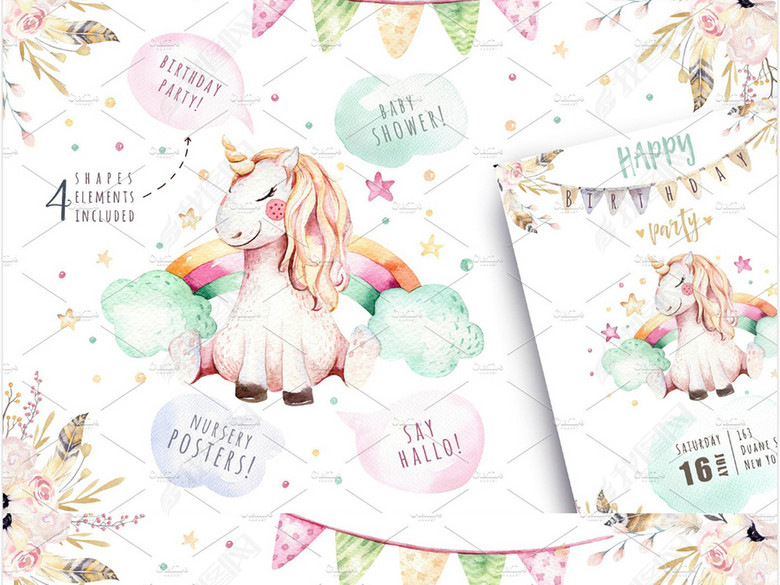 水彩粉色梦幻独角兽彩旗甜甜圈爱心冰淇淋高清