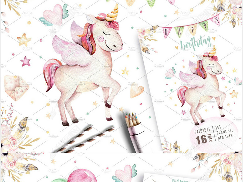 水彩粉色梦幻独角兽彩旗甜甜圈爱心冰淇淋高清