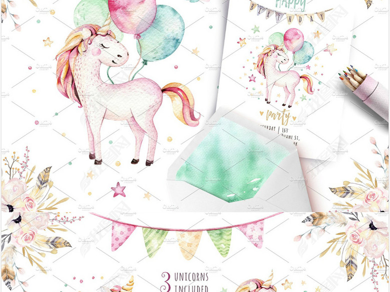 水彩粉色梦幻独角兽彩旗甜甜圈爱心冰淇淋高清