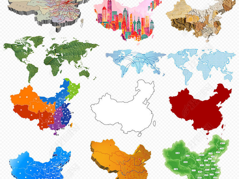 手绘中国地图世界地图科技地图PNG背景图片