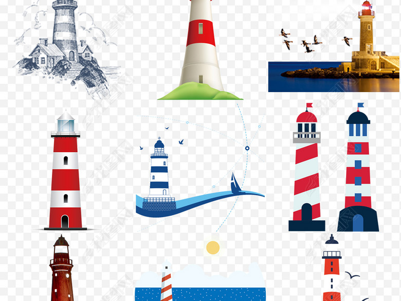 卡通灯塔眺望指示灯png海报背景素材图片下载