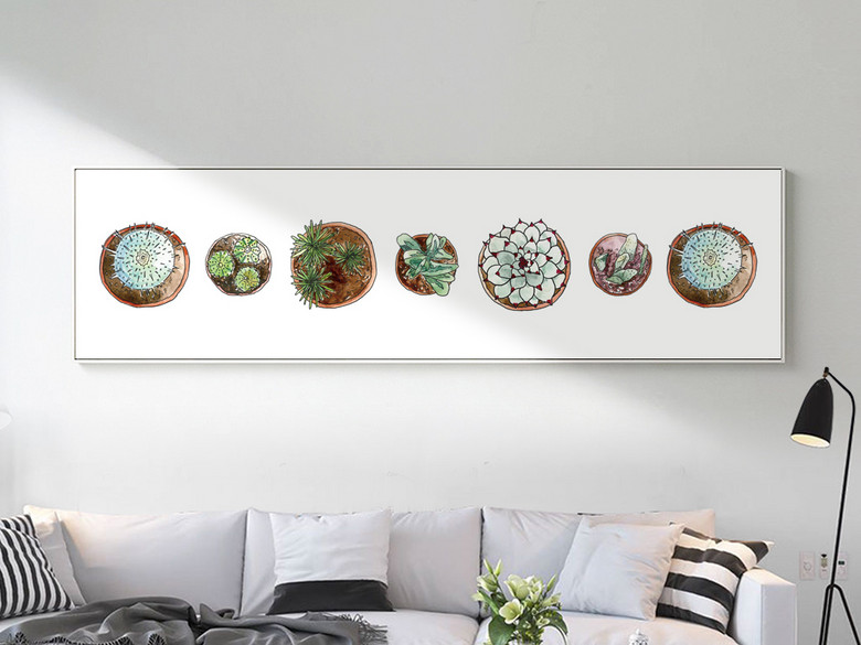 北欧风手绘多肉植物仙人掌盆栽装饰画床头画(
