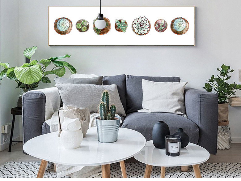 北欧风手绘多肉植物仙人掌盆栽装饰画床头画(