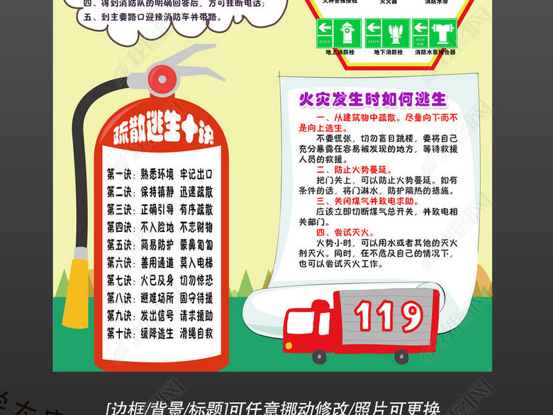 消防安全日119竖版卡通手抄报小报边框图片下