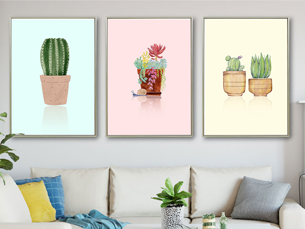 C北欧手绘水彩仙人掌多肉植物盆栽装饰画无框