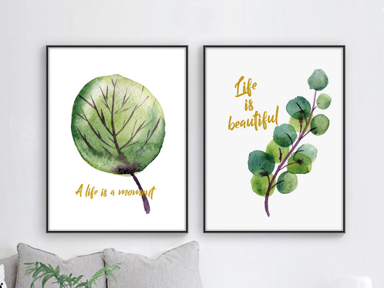 北欧风手绘绿色叶子装饰画床头挂画(图片编号