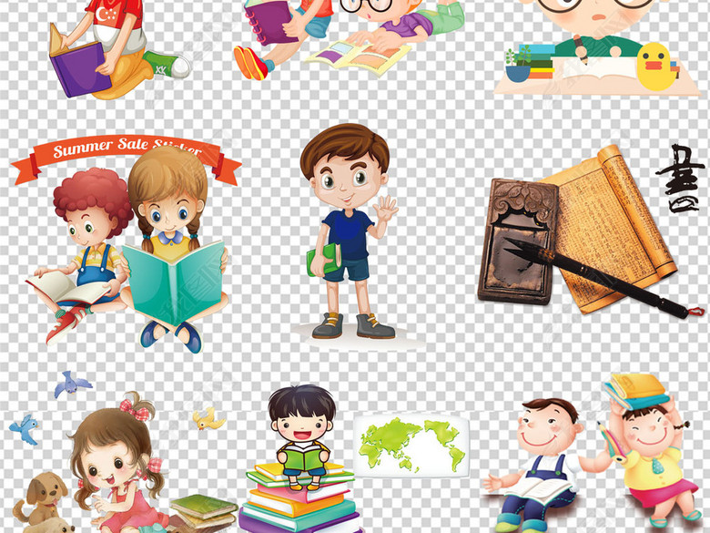 可爱卡通读书学习儿童教育PNG背景免扣素材