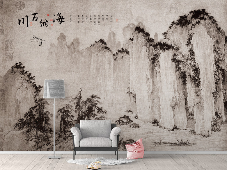 新中式水墨山水海纳百川背景墙壁纸壁画(图片