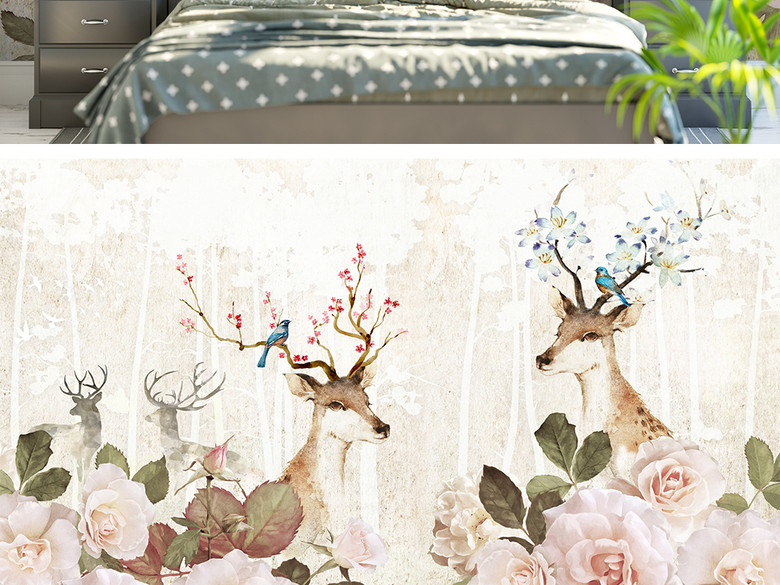 美式复古森系田园麋鹿手绘水彩花卉背景墙(图