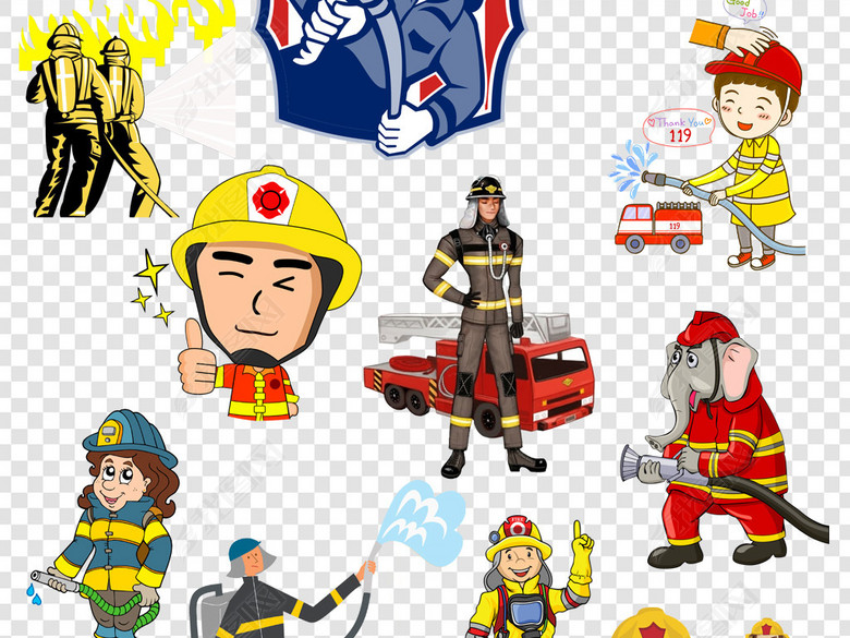 卡通消防员消防安全灭火救灾png海报素材图片