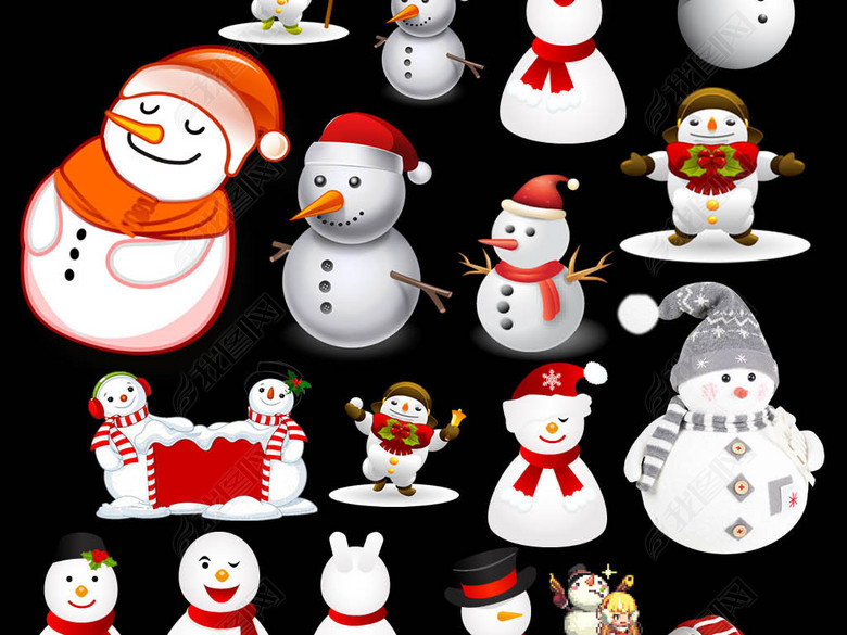 冬季圣诞雪花飘落雪屋雪人冰雪树木雪球素材图