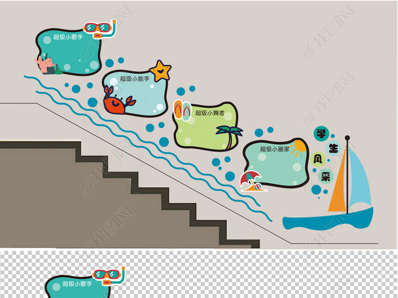 C创意可爱卡通蓝色校园幼儿园楼梯文化墙设计