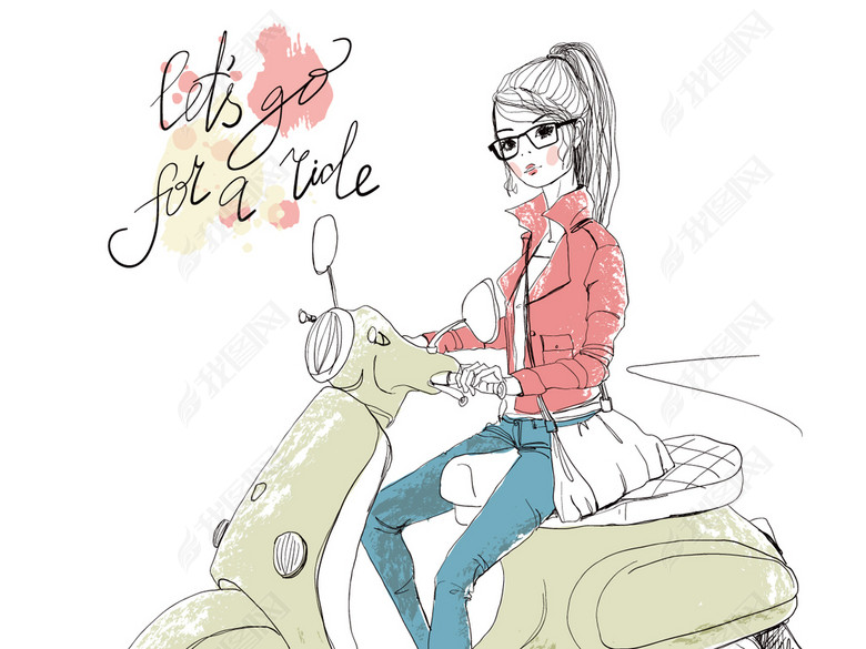 手绘风格时尚女孩骑着摩托车图片下载ai素材