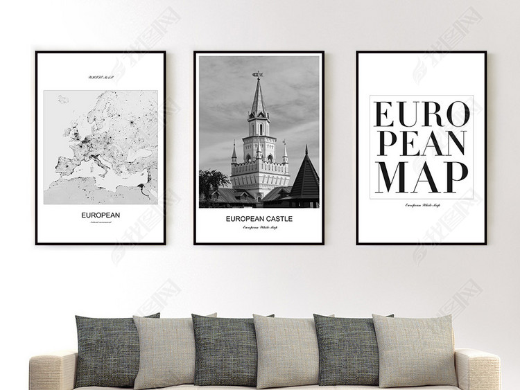 抽象黑白欧式建筑线描地图客厅挂画装饰画