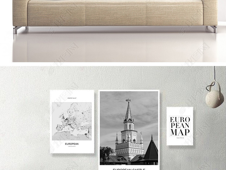 抽象黑白欧式建筑线描地图客厅挂画装饰画