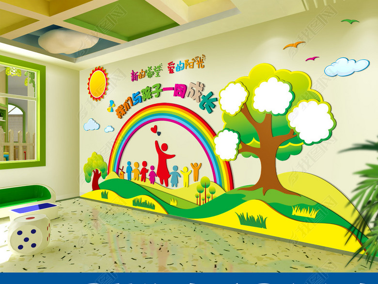 大型卡通幼儿园校室墙面装饰设计文化墙布置图