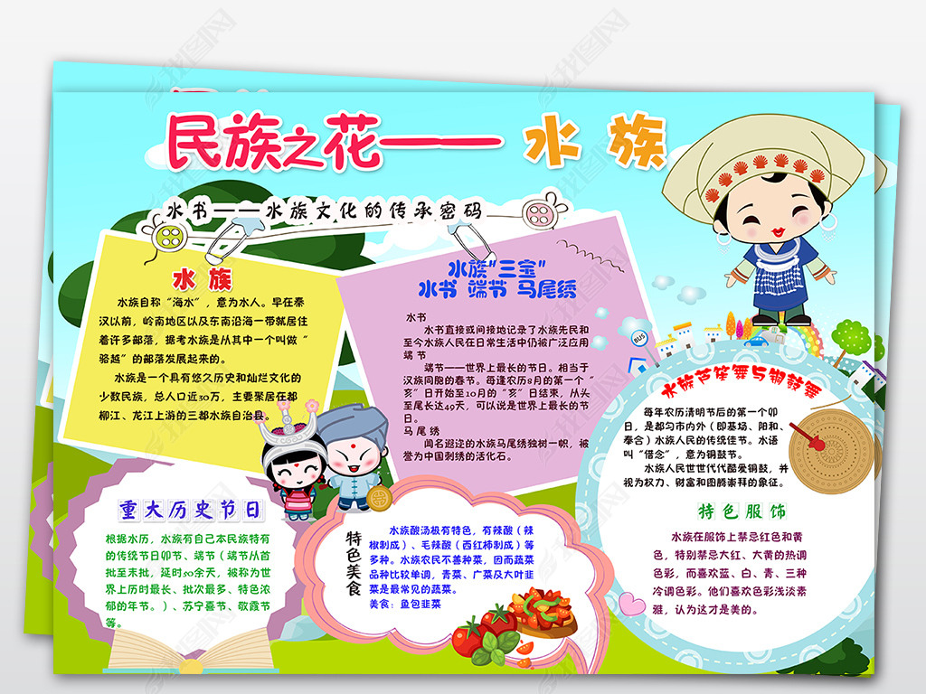 原创psd水族少数民族之花风俗习惯卡通手抄报小报版权可商用