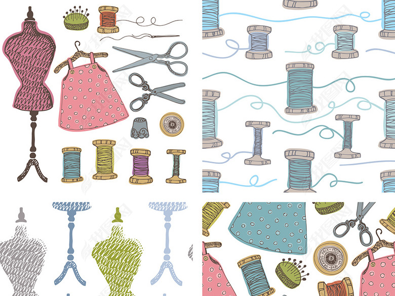 手绘服装裁缝手工定制元素背景底纹矢量素材图
