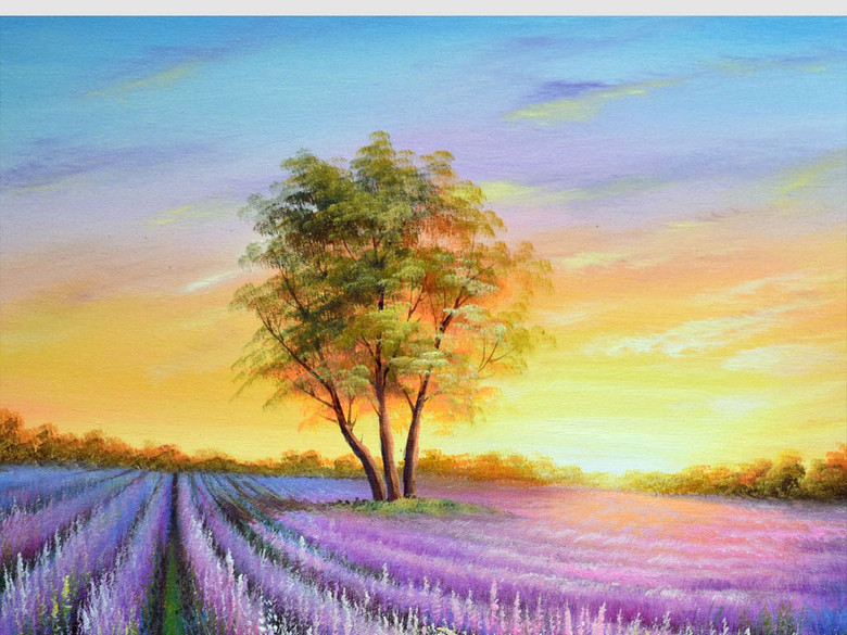 高清夕阳熏衣草金钱树风景油画无框画(图片编