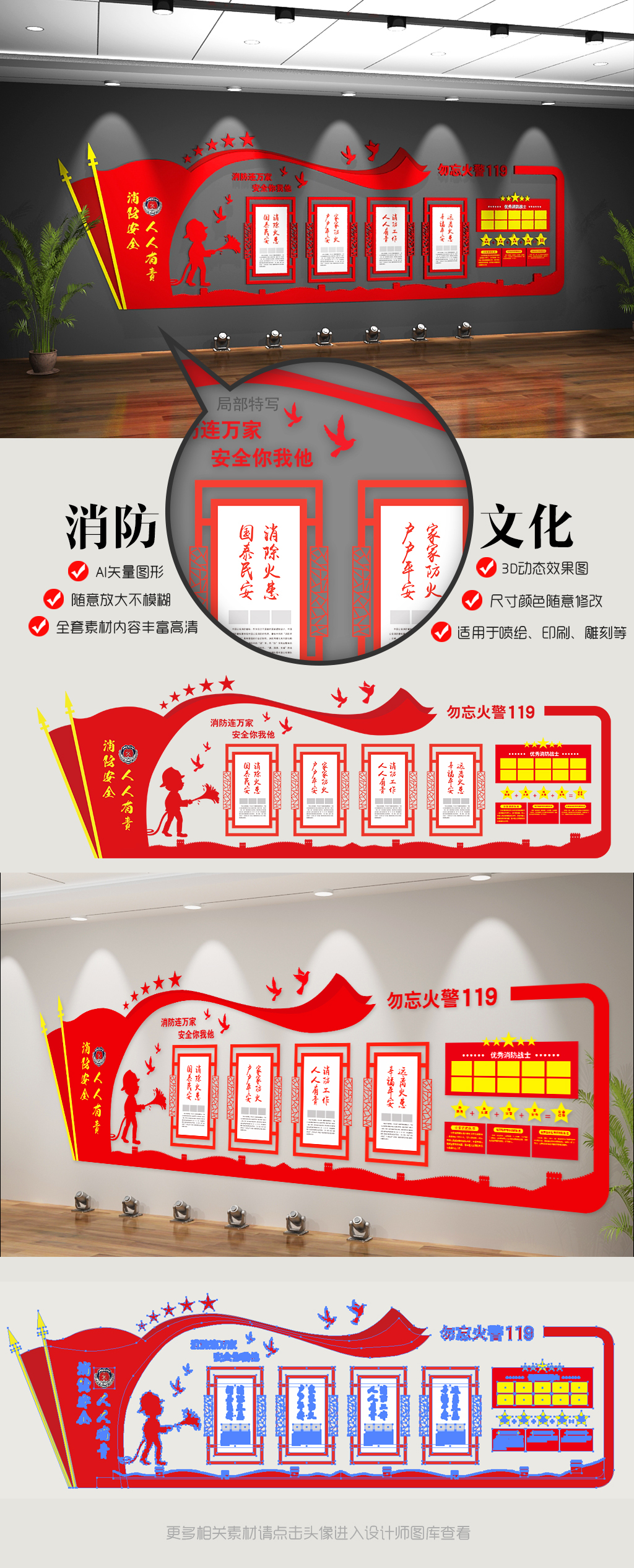红色大型消防文化墙立体浮雕效果图