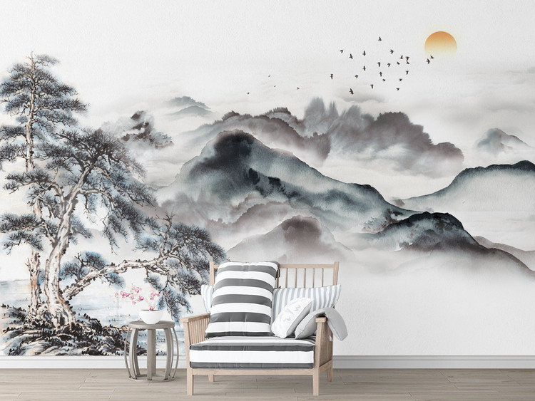 新中式水墨山水松鹤背景墙壁纸笔画