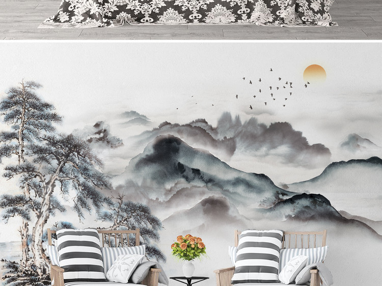 新中式水墨山水松鹤背景墙壁纸笔画