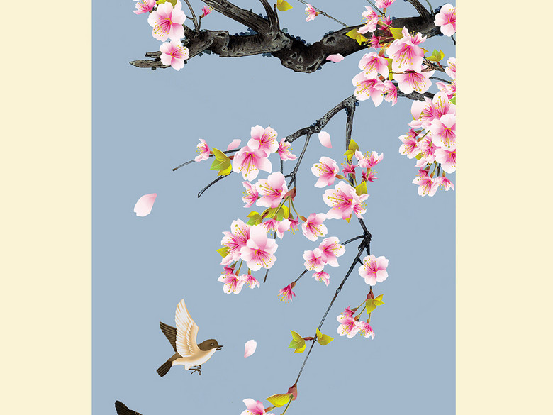 桃花手绘工笔花鸟新中式玄关背景墙装饰画(图