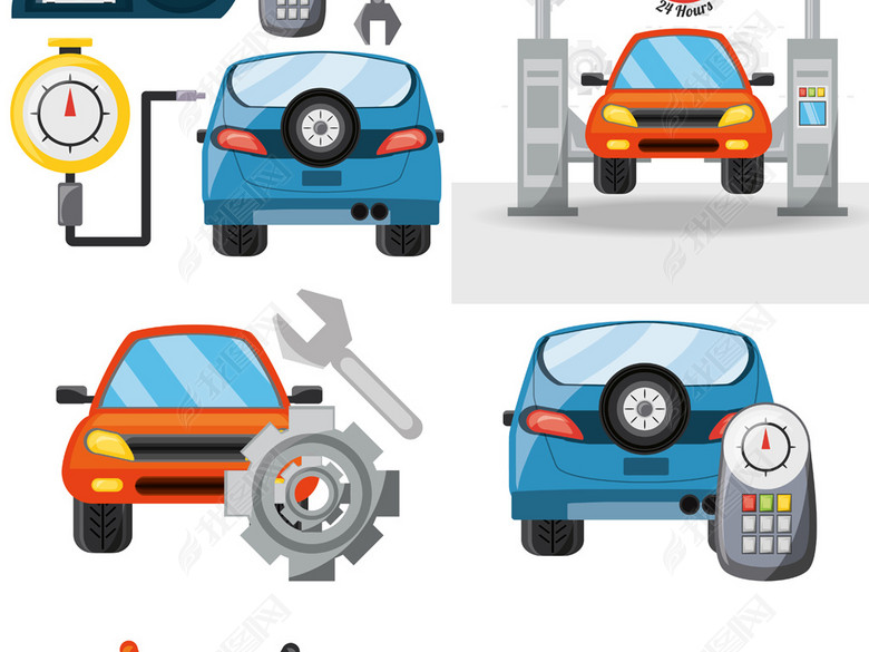 扁平化卡通汽车维修美容4s店修理检测矢量素
