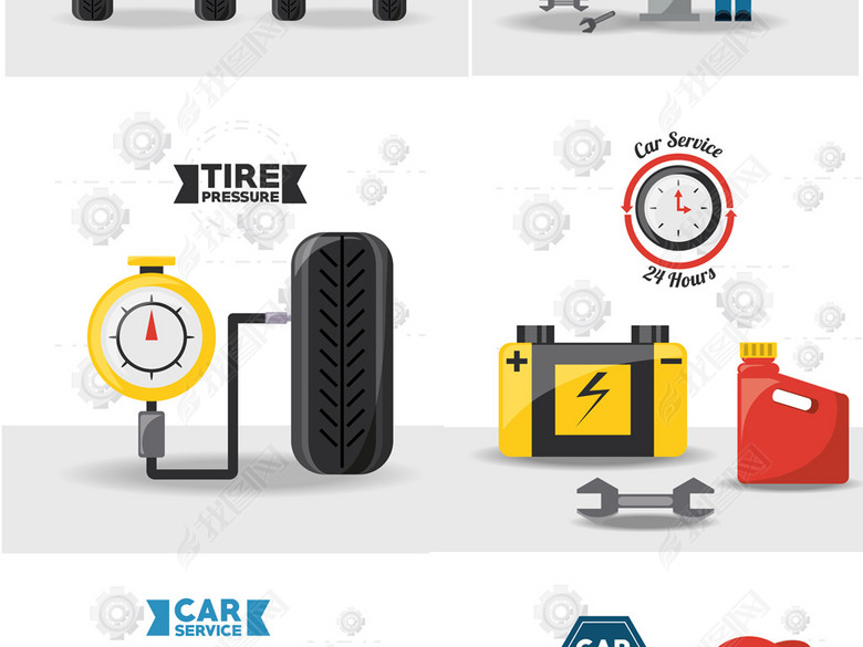 扁平化卡通汽车维修美容4s店修理检测矢量素