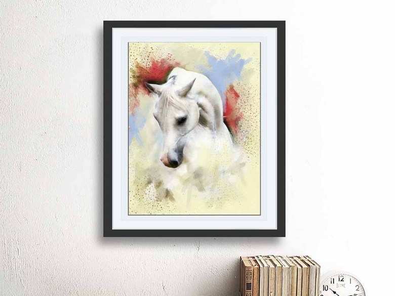 高清唯美手绘水彩白马无框画装饰画(图片编号