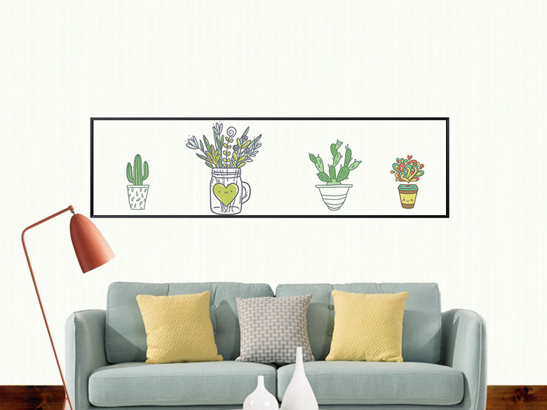 北欧风手绘多肉植物仙人掌盆栽装饰画床头画素