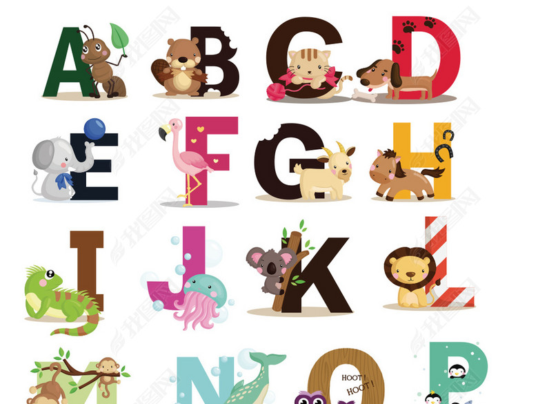 创意3D卡通小动物英文字母字体设计矢量图片