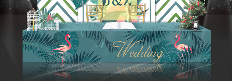 绿色森系热带火烈鸟雨林婚礼婚庆喷绘舞台背景