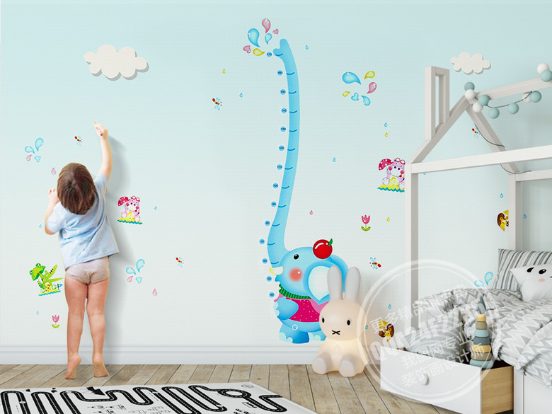 北欧简约卡通大象测量身高儿童房背景墙(图片