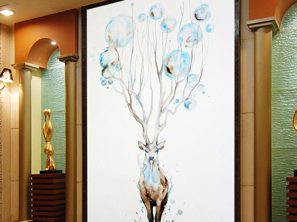 北欧创意艺术麋鹿淡蓝色现代手绘玄关装饰画