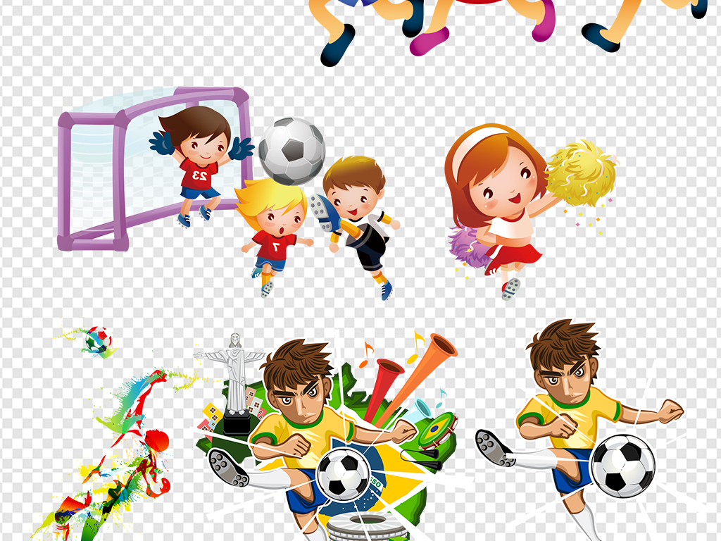 卡通小学生儿童小孩踢足球运动体育素材