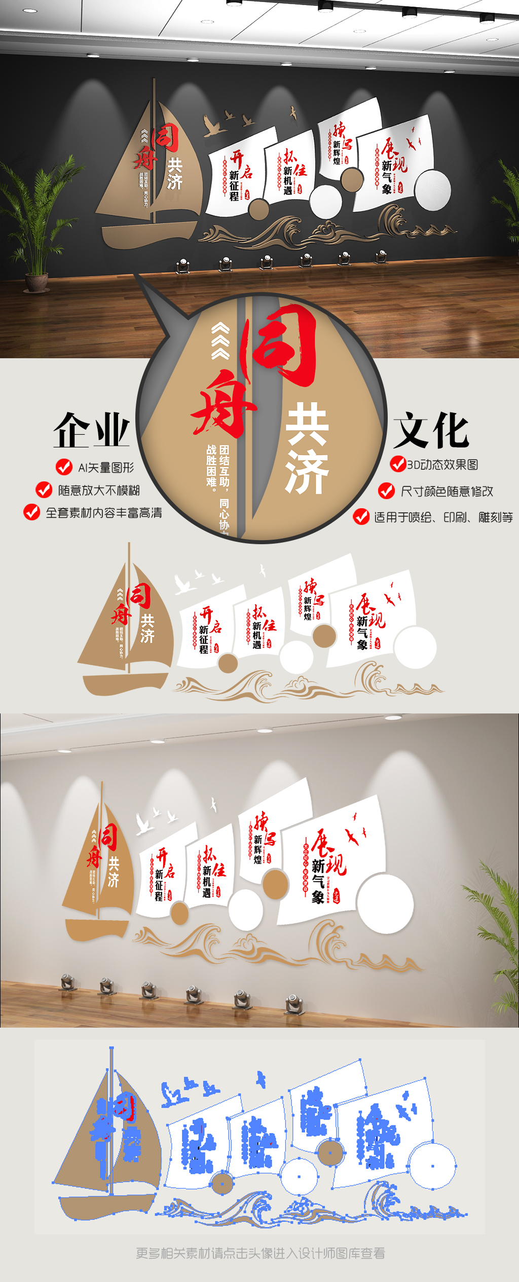 企业文化墙大气帆船同舟共济形象墙模板