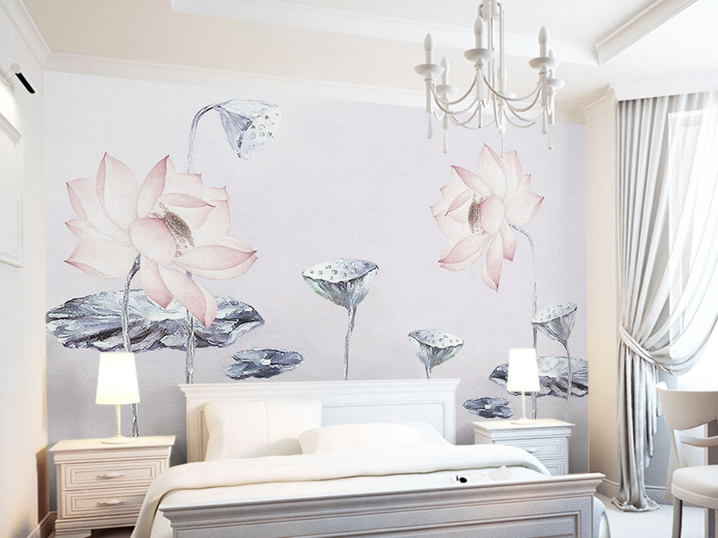 现代油画风荷叶莲蓬红莲背景墙