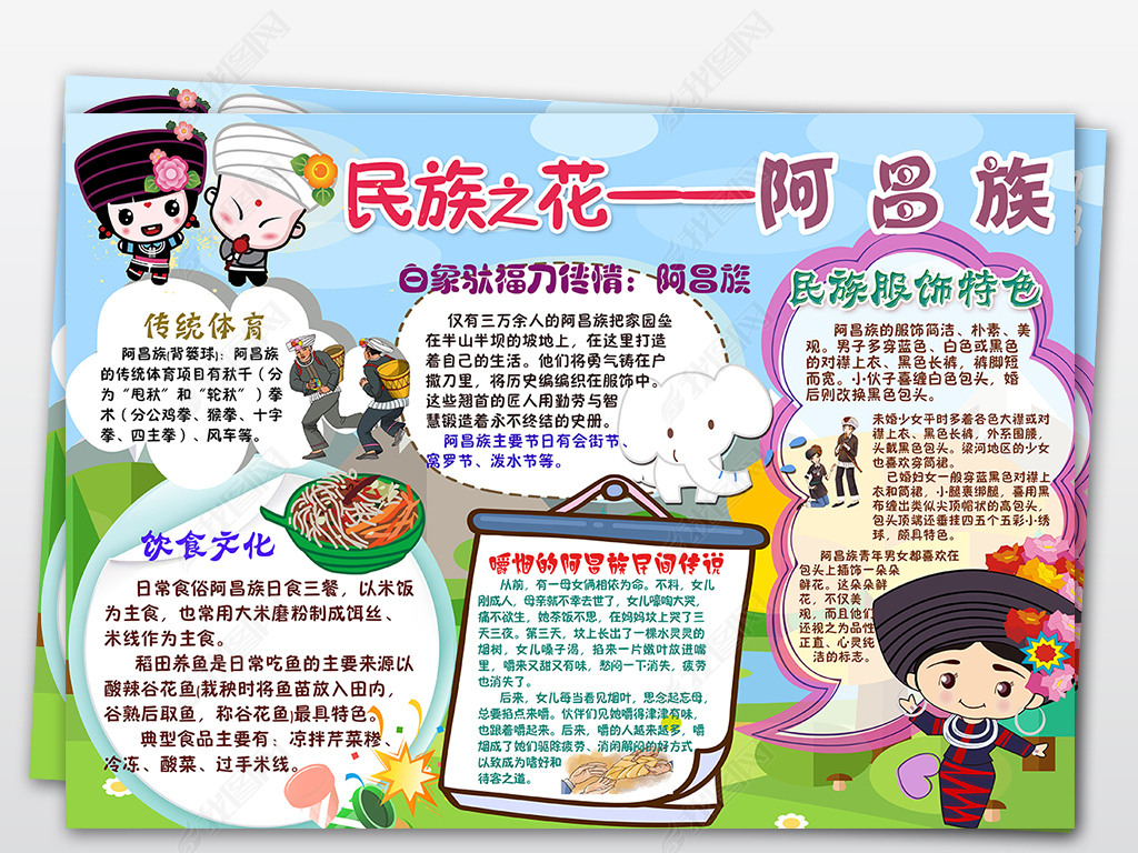 原创阿昌族少数民族习俗风俗服饰特色爱家乡美食卡通手抄报小报版权可