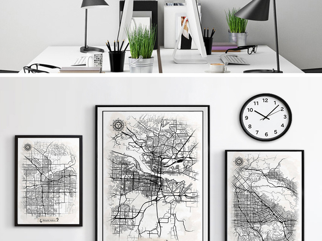 北欧线描世界地图黑白北欧装饰画现代风景简约