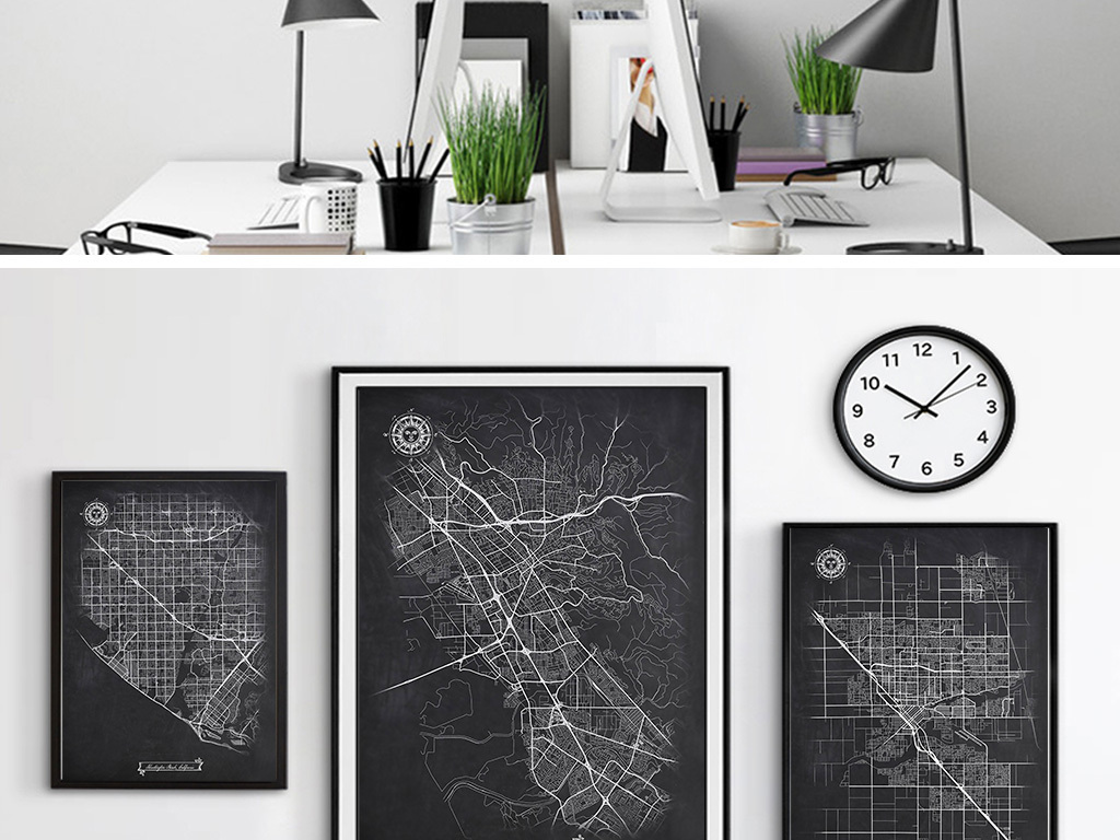 北欧线描世界地图黑白北欧装饰画现代风景简约