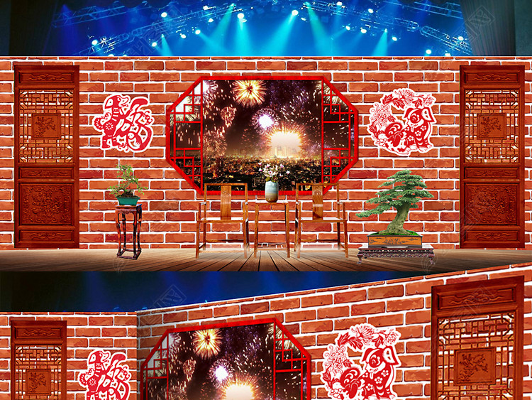 2018中式古典春晚小品舞台背景图PSD设计模