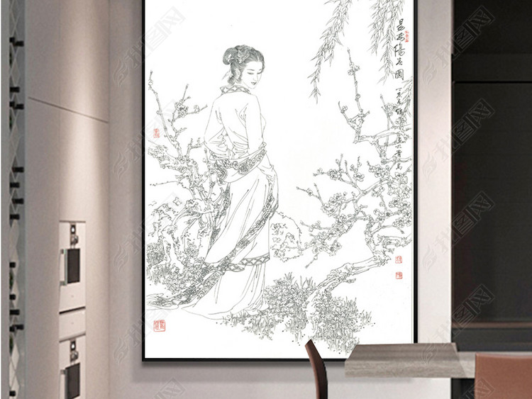 中国风古代美女植物手绘素描无框画